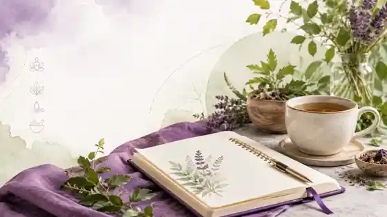 Botanical wellness journal, herbal tea and fresh greenery